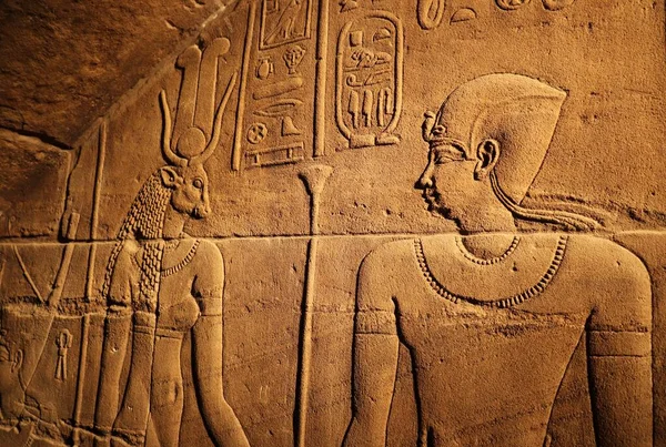 Hermosa Decoración Arte Faraónico Una Pared Templo Isis Templo Philae — Foto de Stock