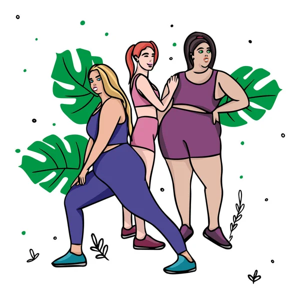 Tres Chicas Deportivas Trajes Yoga Chicas Con Diferentes Tipos Cuerpo — Vector de stock