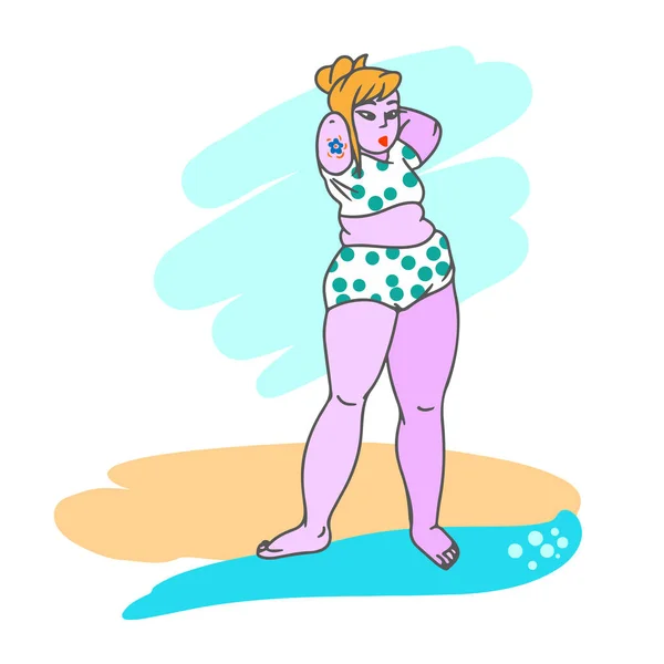 Девушка Полной Фигурой Отдыхает Пляже Татуировка Руке Розовые Волосы — стоковый вектор