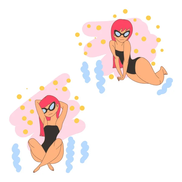 Set Petite Girl Glasses Swimsuit Beach Different Poses Doodle Cartoon — Stock Vector