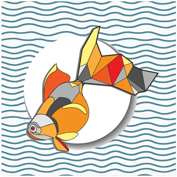 Dreiecksfische Goldfische Grafische Dreieckige Vektorillustration Aufkleber Mit Schatten Auf Gestreiftem — Stockvektor
