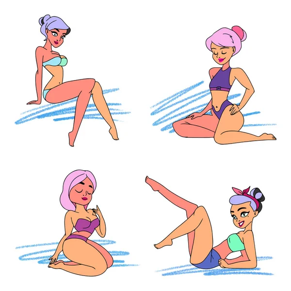 Set Girls Slim Figure Beach Summer Season Cartoon Style Pencil — Stock Vector