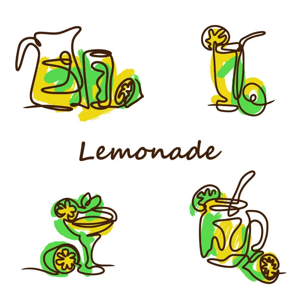 ドアスタイルのレモネード 甘い夏の飲み物のセット ベクトルセットの漫画黄色のレモンとガラスとデカンタとフルーツジュース — ストックベクタ
