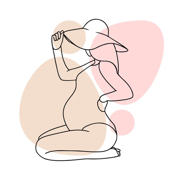 帽子の妊娠中の女の子 ラウンドと大きな腹 ドアアウトライン描画 色のヌードトーン — ストックベクタ