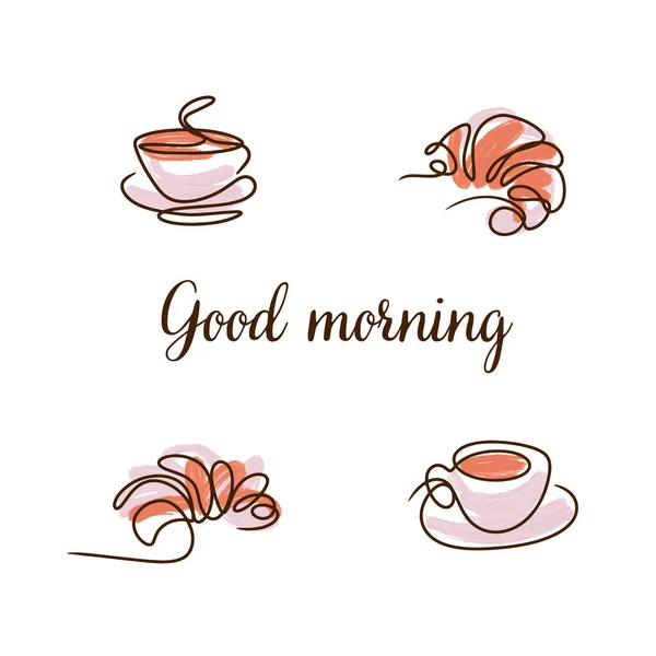 Dobré Ráno Set Čára Kresba Béžová Měkká Růžová Barva Croissant — Stockový vektor
