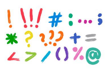 İşaretler ve semboller, işaretler, noktalama işaretleri, virgül, soru işareti, ünlem işareti, karalama stilinde bir fırçayla çizilmiş, renklerin farklı renkleri, bilgi grafikleri için elementler