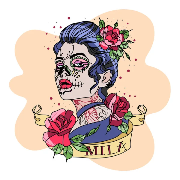 Belle Fille Dans Style Chicano Avec Tatouage Des Roses Dans — Image vectorielle