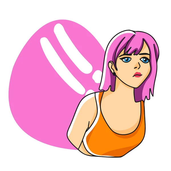 Chica Expresa Emociones Signo Exclamación Con Pelo Rosa Muestra Disgusto — Vector de stock