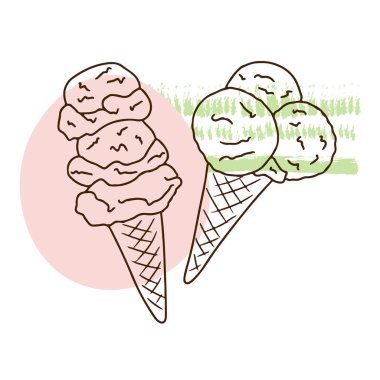 Bir çift dondurma, tatlı krema, donmuş meyve suyu, tatlılar, tatlı, ana hatlı çizim, karalama stilinde doğrusal, yaz seti.