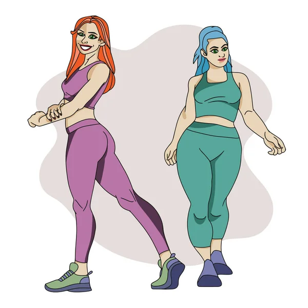 穿着运动服 身材瘦小丰满 做运动 过着健康的生活 画涂鸦风格的女运动员 — 图库矢量图片