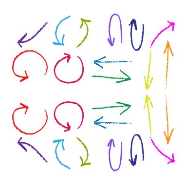 İşaretler ve semboller, ok, dairesel, aşağı, yukarı, kalem, el yazısıyla çizilmiş, karalama stili fırça, bilgi grafikleri için farklı renkler
