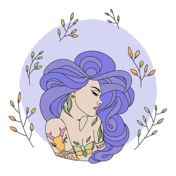 Una Hermosa Chica Con Pelo Largo Con Tatuajes Las Partes — Vector de stock