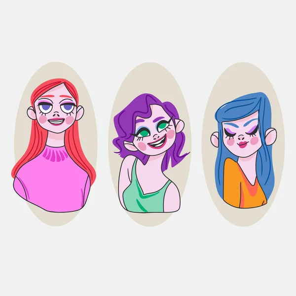 Conjunto Avatares Desenhos Animados Bonitos Meninas Grupo Pessoas Cabelo Colorido — Vetor de Stock