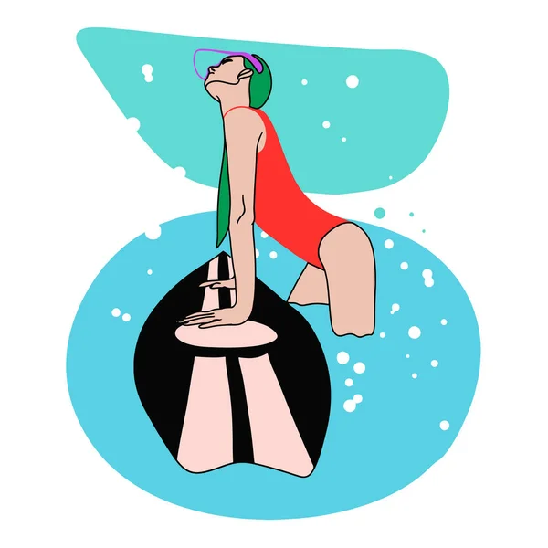 Девушка Море Доске Серфинга Красный Купальник Морской Бриз Зеленый Цвет — стоковый вектор