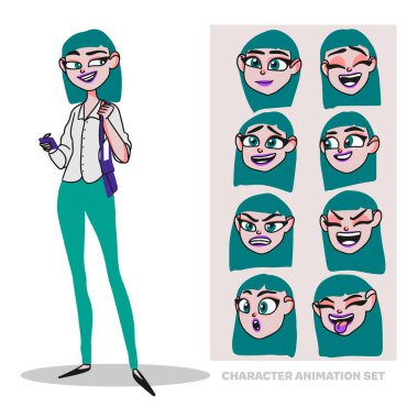 Karakter animasyon seti, genç kadın, tam boy, ofis kıyafetleri içinde çanta ve telefonla, duyguları olan insanlar yaratıyor, yüz animasyonu, kafa, karikatür tarzı avatar.