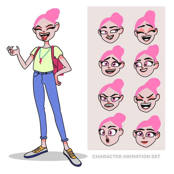 Set Animasi Karakter Gadis Remaja Panjang Penuh Dengan Ransel Menciptakan - Stok Vektor
