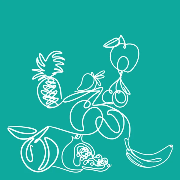 Conjunto Frutas Esquema Una Línea Dibujo Sobre Fondo Turquesa Plátano — Vector de stock