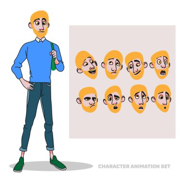 Karakter animasyon seti, sakallı, uzun boylu, duyguları olan insanlar, yüz animasyonu, kafa, karalama tarzı karikatür avatarı.