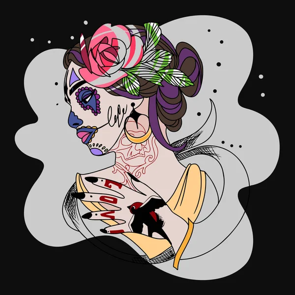 Beautiful girl in Chicano style, with a tattoo, roses in her hair, an inscription on her hand, jewelry on her face, piercings, a dark background