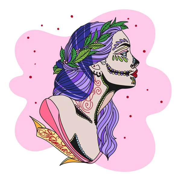 Cute Girl Chicano Style Tattoos Inscriptions Berries Leaves Her Hair — Image vectorielle