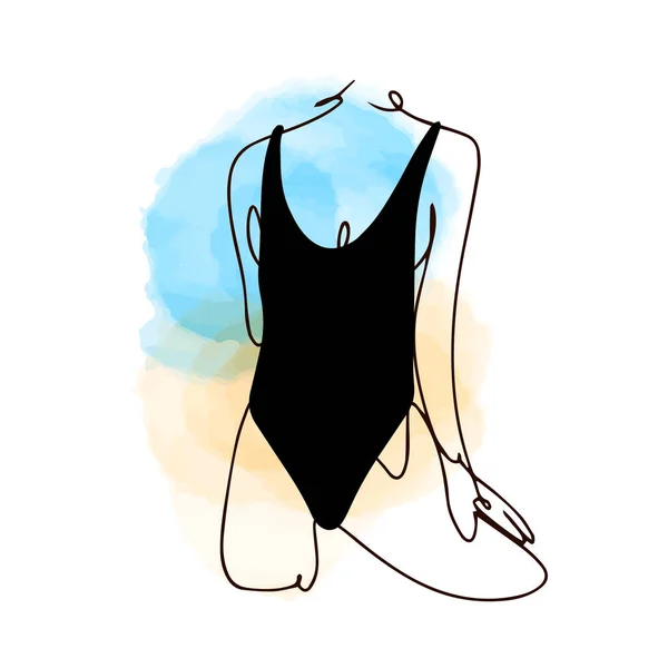 Fragment Body Girl Black Swimsuit One Line Contour Drawing Linear — Stok Vektör