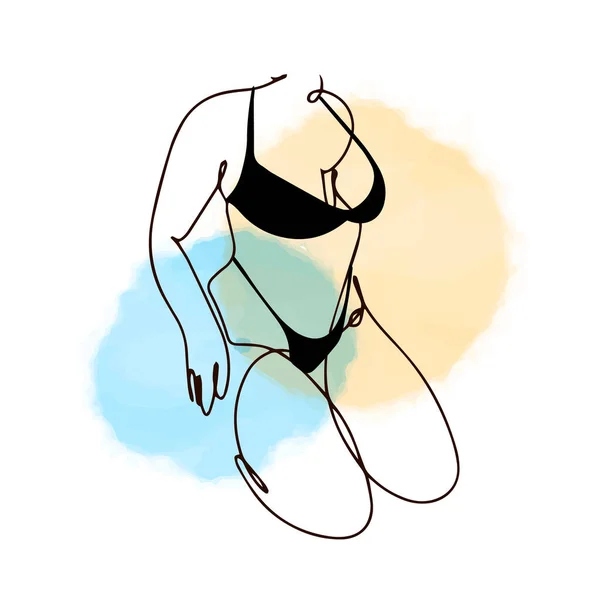 Fragment Body Girl Black Swimsuit One Line Contour Drawing Linear — Stok Vektör