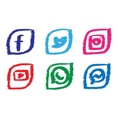 Sosyal ağların en popüler simgelerinin modern bir koleksiyonu, akrilik boya fırçası, facebook, instagram, twitter, Whatsapp, Messenger ve Youtube ile boyanmış.