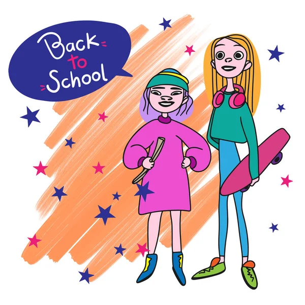 Back School Children Girls Rejoice School Soon Knowledge Couple Children — Vector de stock