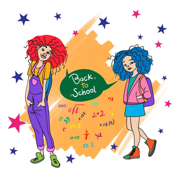 Back School Children Girls Rejoice School Coming Soon Knowledge Couple — Vector de stock