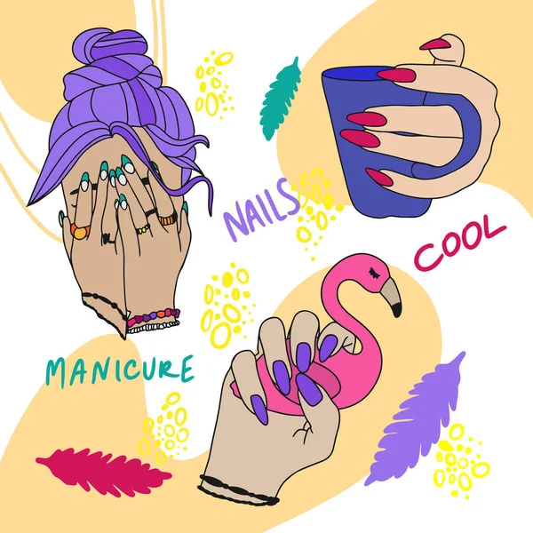 Trendy Nails Manicure Collection Red Polish Nail Design Doodle Style — Wektor stockowy