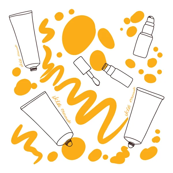 Cosmetic Bottles Tubes Skin Cream Beauty Accessories Doodle Style Sketch — ストックベクタ