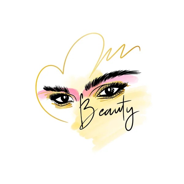 Beauty Handwritten Quote Fashion Sketch Eyebrows Eyes Long Eyelashes Golden — Vettoriale Stock