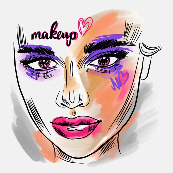 Makeup Handwritten Quote Fashion Sketch Portrait Girl Bright Makeup Big — Stockvektor