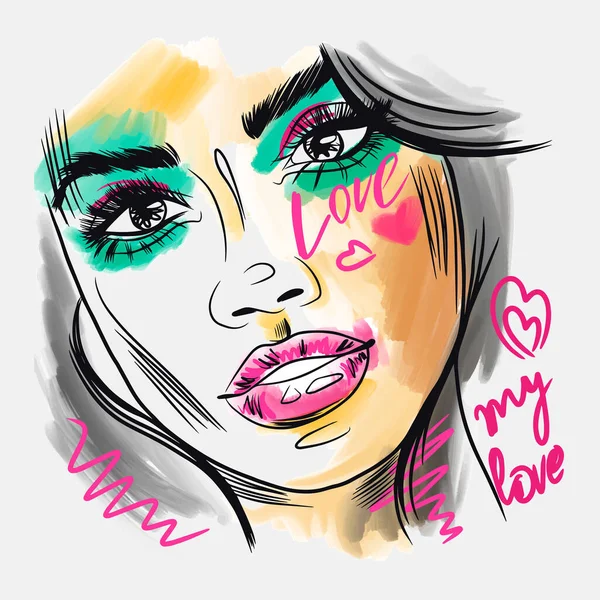 Love Handwritten Quote Fashion Sketch Portrait Girl Bright Makeup Big — Stockvektor