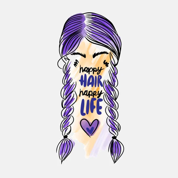 Happy Hair Happy Life Handwritten Lettering Pigtail Hairstyle Hairdresser Fashion — Stockvektor