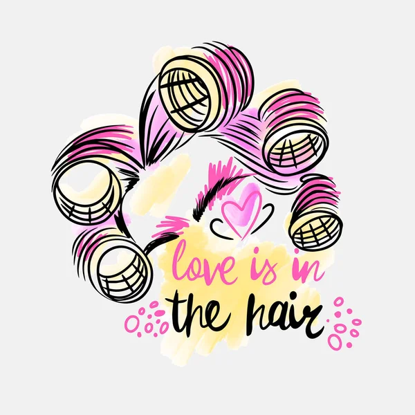 Saçında Aşk Yazısı Harfler Bigudilerle Saç Stili Kuaför Moda Suluboya — Stok Vektör
