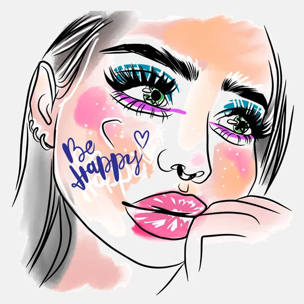 Happy Handwritten Quote Fashion Sketch Portrait Girl Bright Makeup Big — Stockvektor