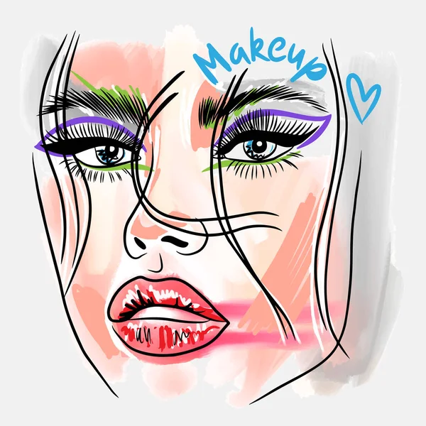 Makeup Handwritten Quote Fashion Sketch Portrait Girl Bright Makeup Big — Stockvektor