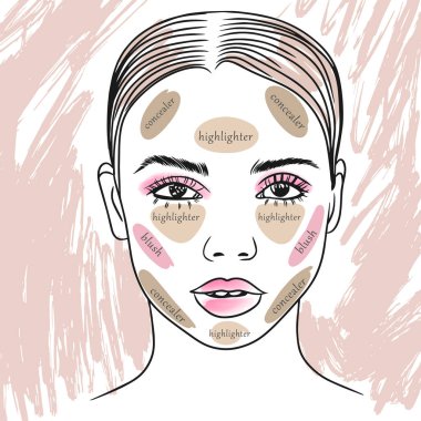 Portrait of a girl, the scheme of the correct application of contour makeup, highlighter, concealer, blush, sketch in doodle style