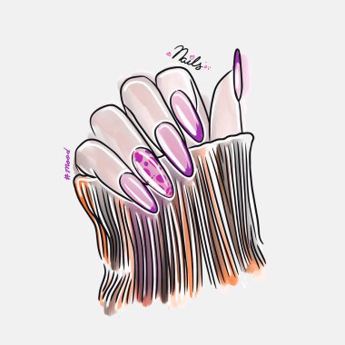 Female hand with long nails, trendy nail design, fashion, manicure mood, lovely cartoon illustration, doodle style sketch