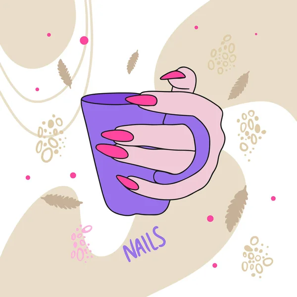 Hand Holding Cup Trendy Nails Manicure Nail Design Sketch Doodle — ストックベクタ