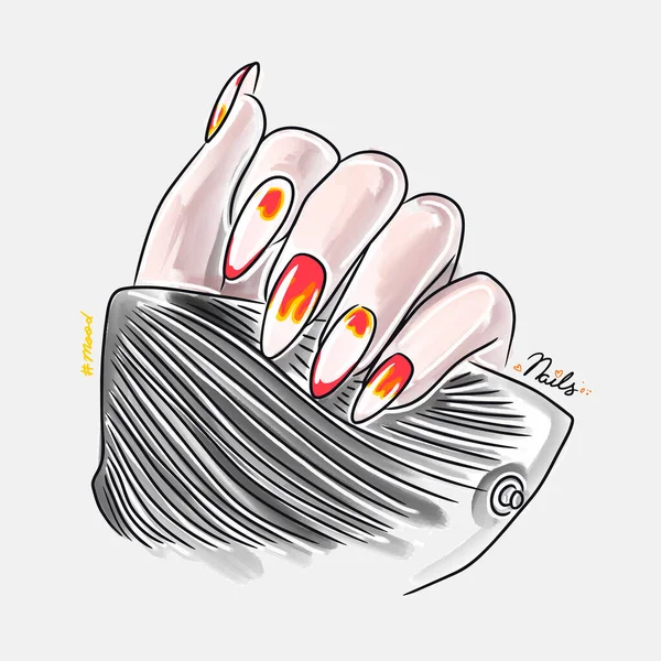 Female Hand Long Nails Trendy Nail Design Fashion Manicure Mood — Stok Vektör