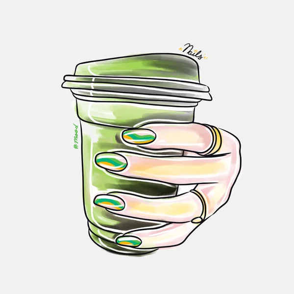 Female Hand Long Nails Holds Glass Coffee Drink Trendy Nail — ストックベクタ