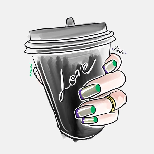 Female Hand Long Nails Holds Glass Coffee Drink Trendy Nail — Stockvektor