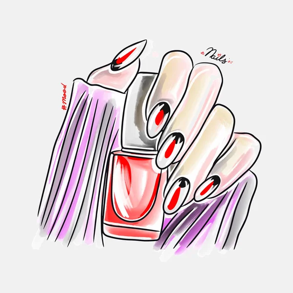 Female Hand Long Nails Holds Nail Polish Trendy Nail Design — Vector de stock