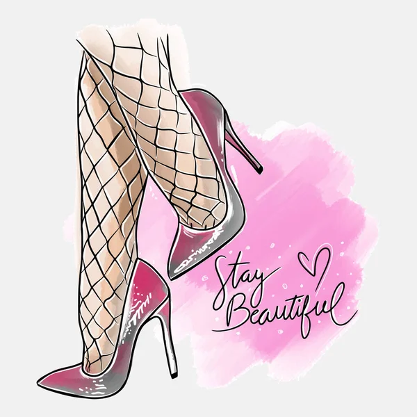 Stay Beautiful Handwritten Quotes Pair Stilettos Stockings Sketch Doodle Style — Stockový vektor