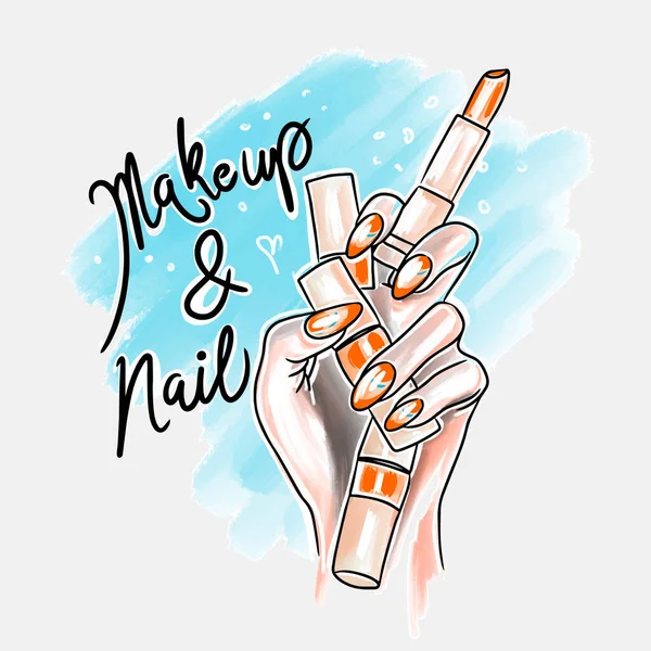 Makeup Nail Handwritten Quotes Hand Bright Long Nails Holds Lipstick —  Vetores de Stock