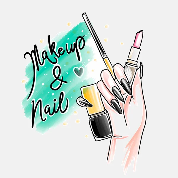 Makeup Nail Handwritten Quotes Hand Bright Long Nails Holds Lipstick —  Vetores de Stock