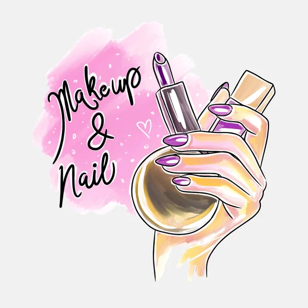 Makeup Nail Handwritten Quotes Hand Bright Long Nails Holds Lipstick — Wektor stockowy