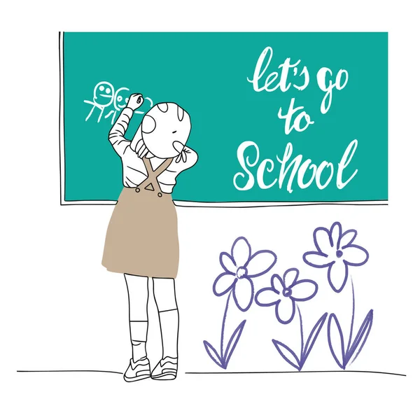 Lets School Handwritten Lettering Girl Schoolgirl Draws Blackboard Lessons Drawing — Vector de stock